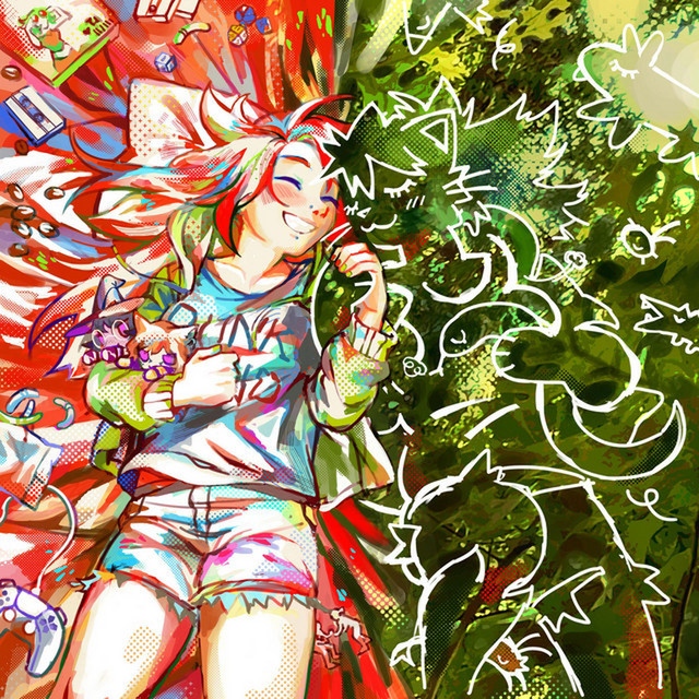 Album cover for Jamie Paige's album 'Constant Companions'. It features a red anime girl on the left, holding hands with an anthro cat creature drawn in outline.