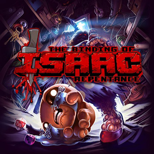 Game icon for The Binding Of Isaac Repentance (the game's most current version), featuring the titular small child Isaac, curled up into a ball crying while the towering figure of his mother stands threateningly behind him.