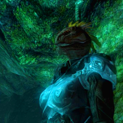 Screenshot from Skyrim, showing, from the chest up, a red Lizard woman wearing shiny armor, with a big hammer on her back. Her name is Morgan.