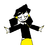 An animated picture of a girl with black hair, a sweater and a bright yellow shirt. She spins playfully in a circle with her arms outstretched
