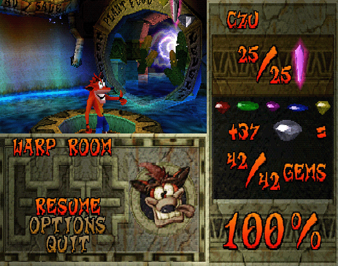 A screenshot of Crash 2. The game is paused in the Warp Room, the pause screen displaying 100% completion. From the small game window, Crash gives a big smile and a thumbs up.
