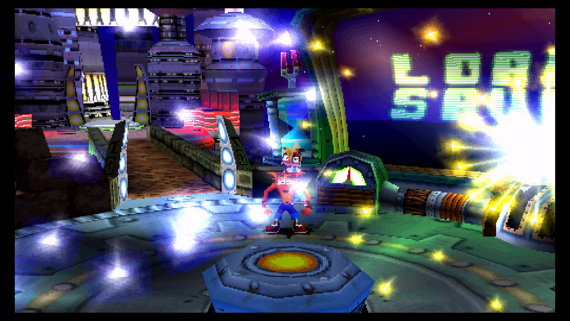 A screenshot of Crash 3. Crash stands in the time twister, the fireworks surrounding him indicating 100% completion of the game