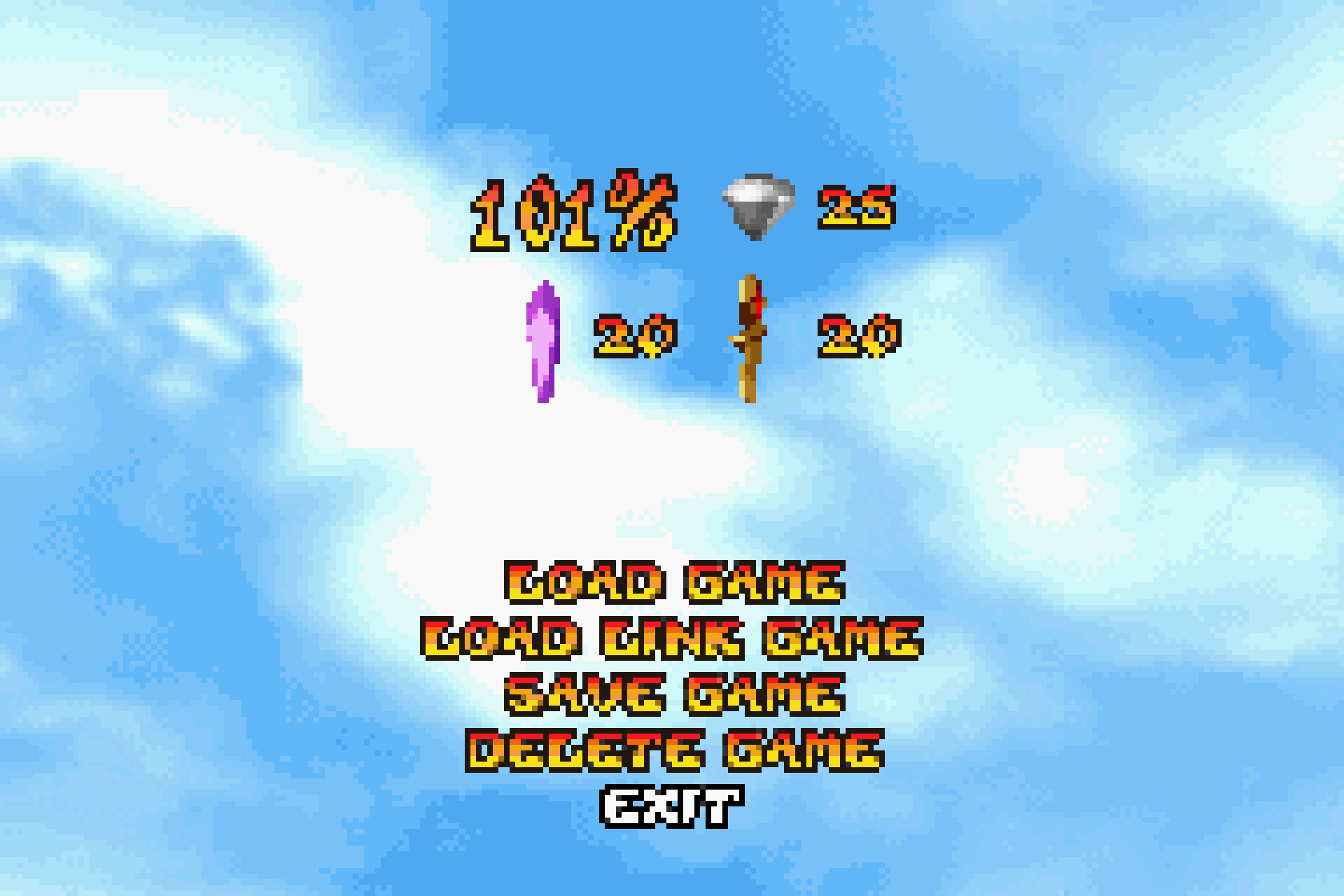 A screenshot of the game's save file screen. 101% completion is shown, with 25 Gems, 20 Crystals, and 20 Gold Relics collected.