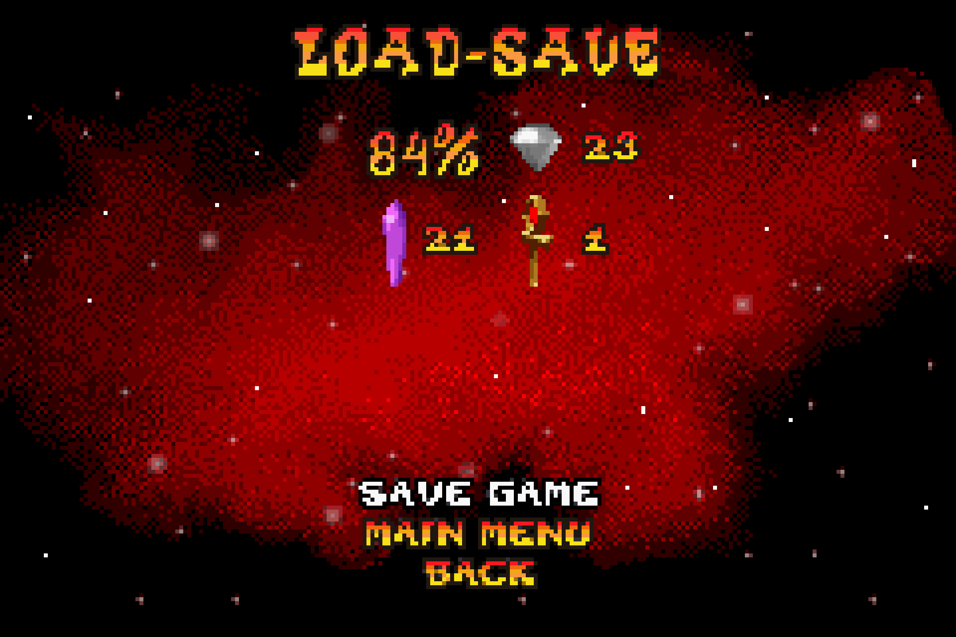 A screenshot of the game's save file screen. 84% completion is shown, with 23 Gems, 21 Crystals, and 1 Gold Relic collected.