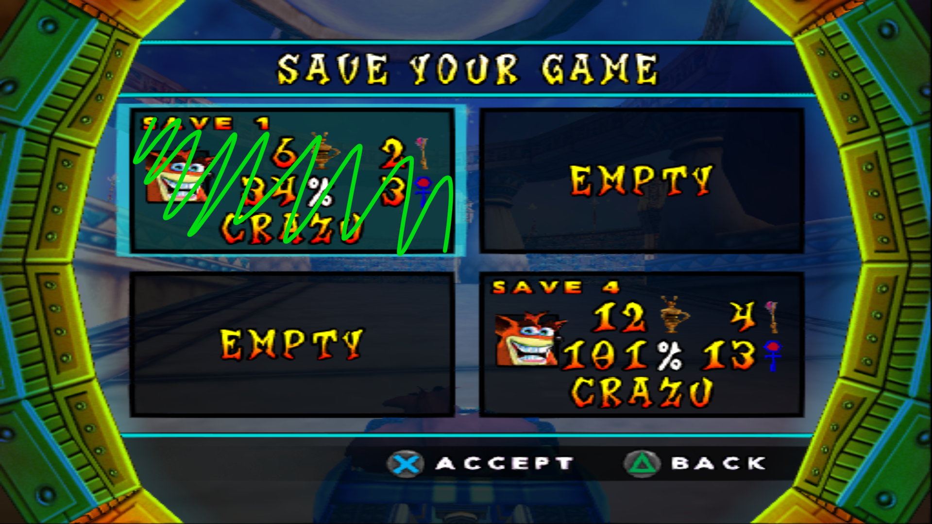 A screenshot of Crash Nitro Kart's save / load screen. The save file shown, labelled 'CRAZU' has 101% completion. There's an incomplete file in the list as well, but it's hastily scribbled over.