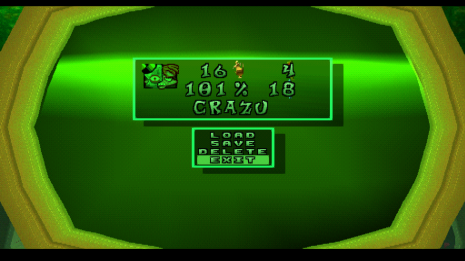 A screenshot of Crash Team Racing's save / load screen. The save file shown, labelled 'CRAZU' has 101% completion.