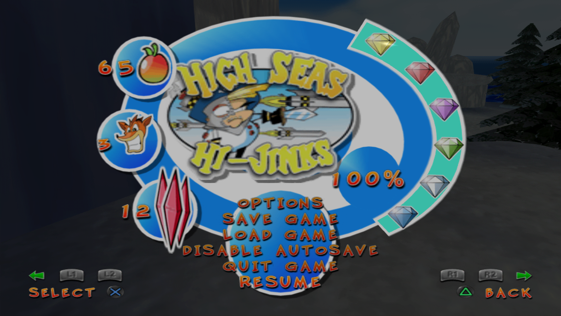 A screenshot of Crash Twinsanity's pause screen, showing 100% completion.