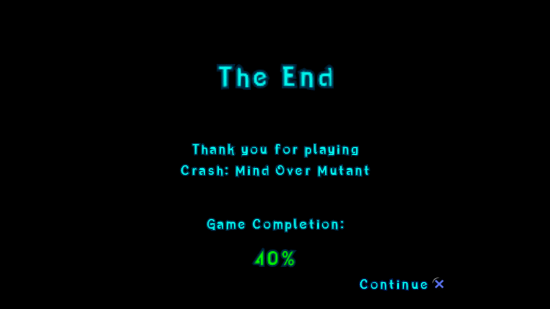 A screenshot of Crash: Mind over Mutant. It's a black screen, with text saying: 'The End: 40% game completion'