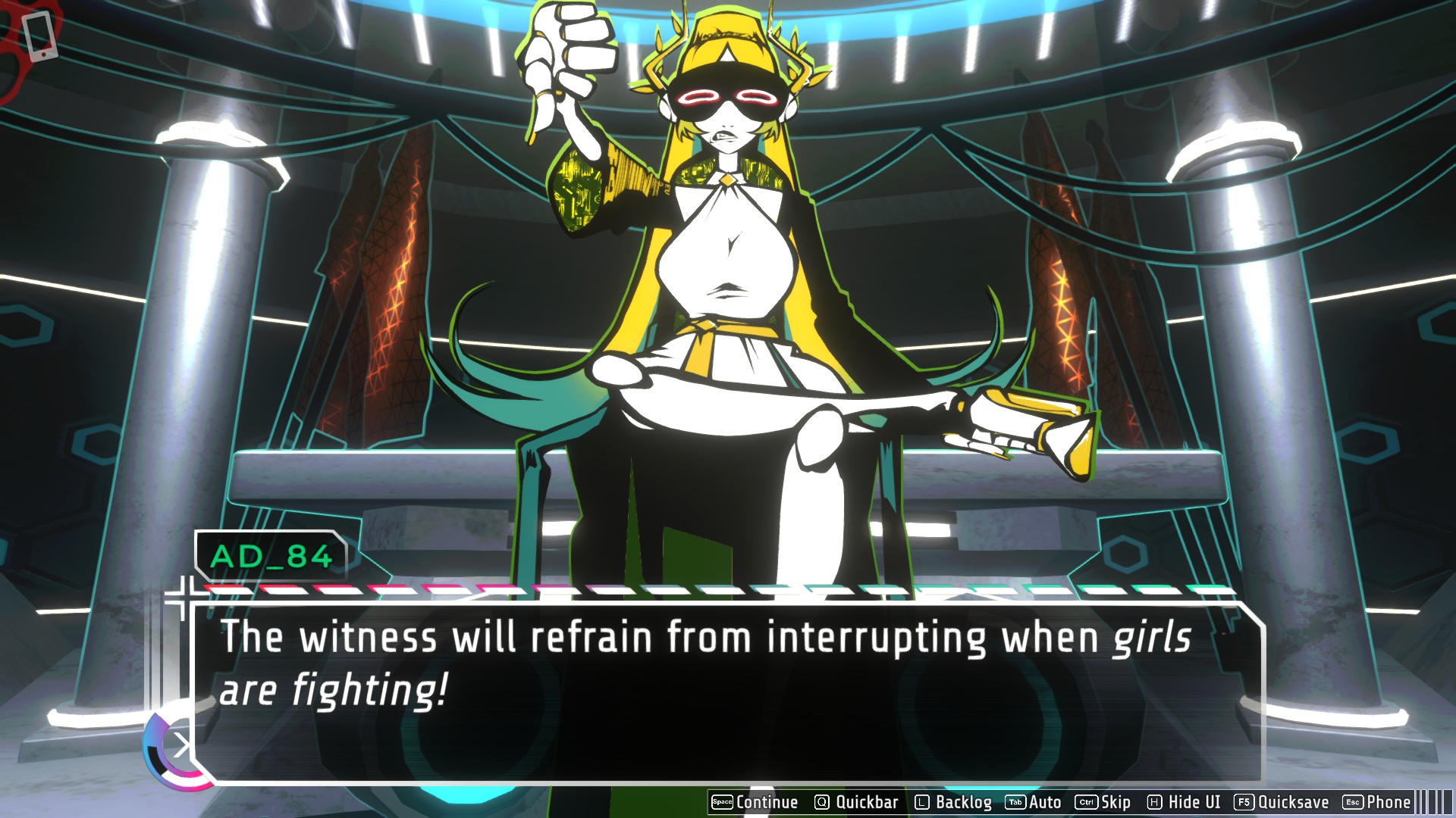 A screenshot showing 'AD_84', a robotic judge dressed in gold and white robes. She makes a thums down. Her dialouge box says 'The witness will refrain from interrupting when girls are fighting!'