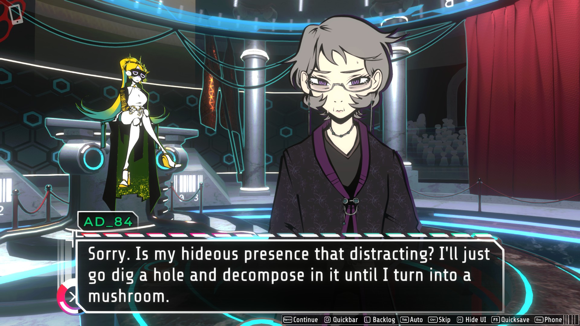 Another screenshot. AD_84 is seen pouting in the background while an older, wiser woman stands in the foreground. She makes a thums down. AD_84's dialouge box says 'Sorry. Is my hideous presence that distracting? I'll just go dig a hole and decompose in it until I turn into a mushroom.'