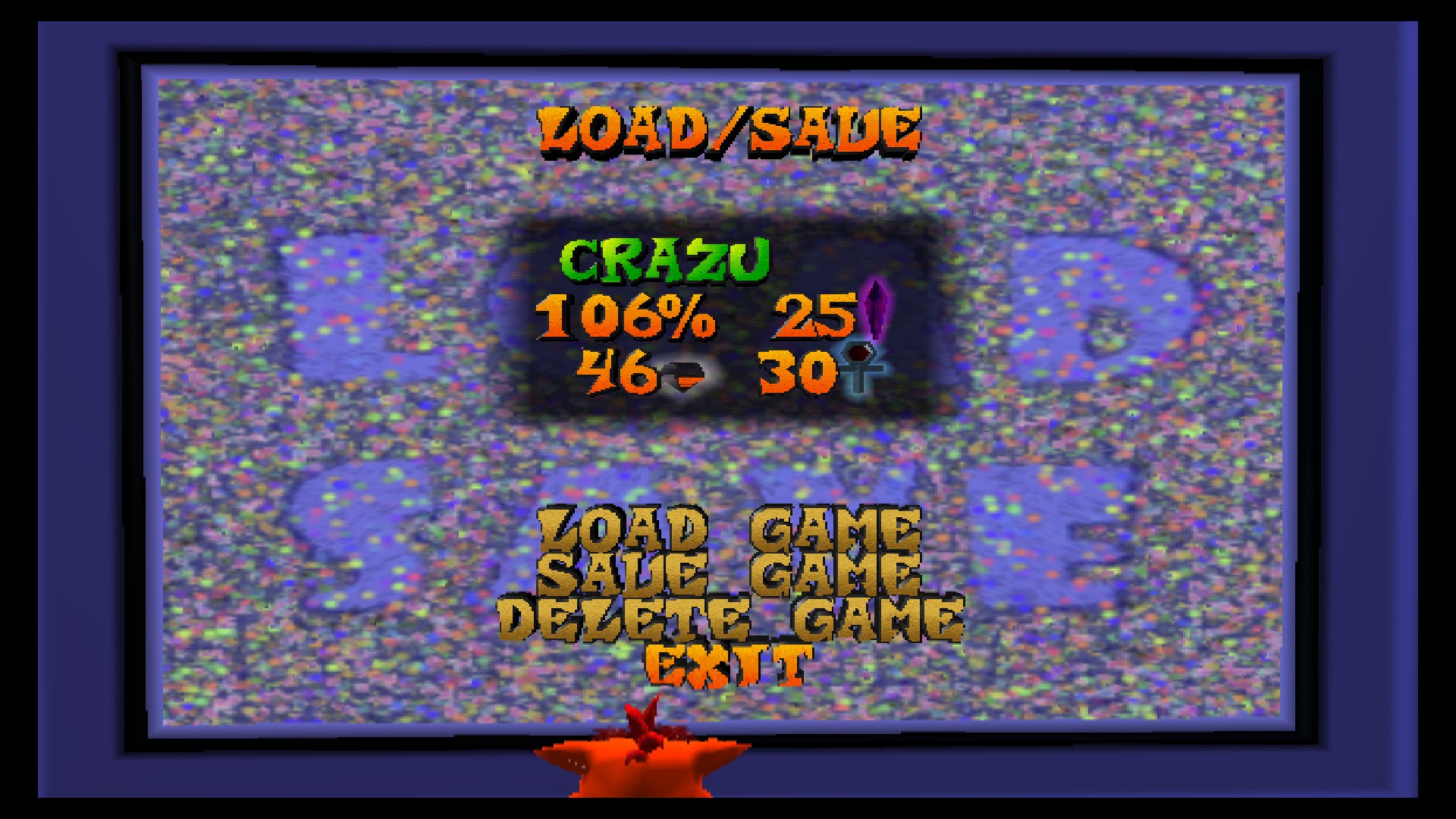 A screenshot of the game's save file screen. 106% completion is displayed, with 25 crystals, 46 gems, and 30 relics collected.