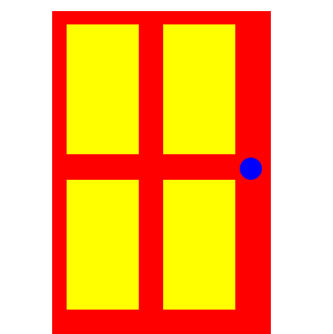 A garish red and yellow door that looks like it was drawn in two seconds sits inside the drawer.