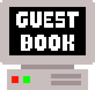 A tiny model computer blinks, the display reads 'guest book'