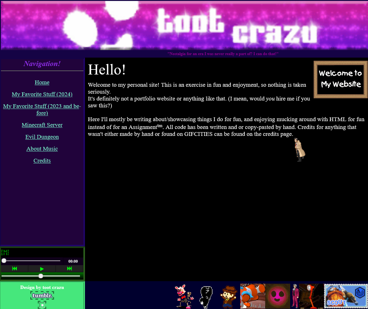 image of the first iteration of my website. It's very purple, with a sparkly banner at the top and a lot of little animated gifs lining the bottom.