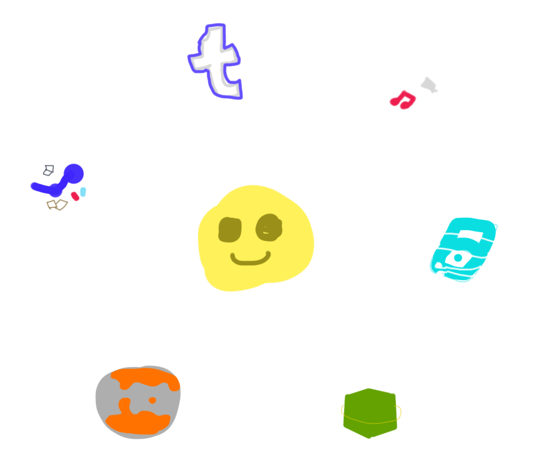 a poor digital sketch of a central sun with smiling face surrounded by various objects that I'll describe below.