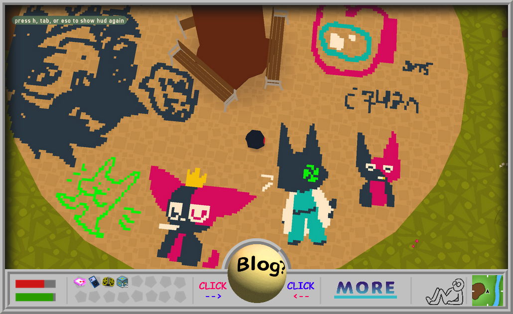 the website interface in this third version is a thin strip below a larger image. It's made to look like a video game HUD, with health bars, a list of items, and a map. A large 3d ball in the center displays the text 'Blog?'