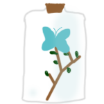 on the shelf rests a clear glass jar with a blue butterfly resting on a branch inside. This link goes to my Bluesky page.