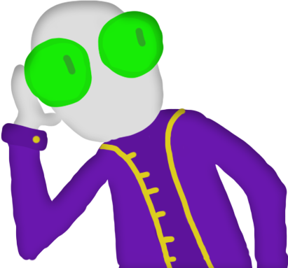 leaning on the desk is a bone-white figure in a purple and gold jacket, with large green eyes. They look very bored.