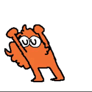 a small furry orange creature dances by swaying side to side and pumping both fists in the air.