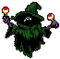 a green monocular wizard shakes maraccas.