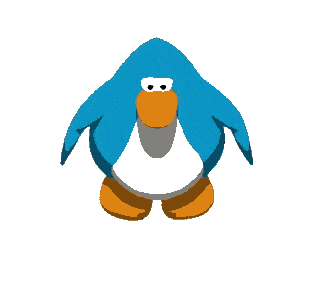 a blue cartoon penguin dances by wiggling it's arms in the air, sitting down, and standing back up.