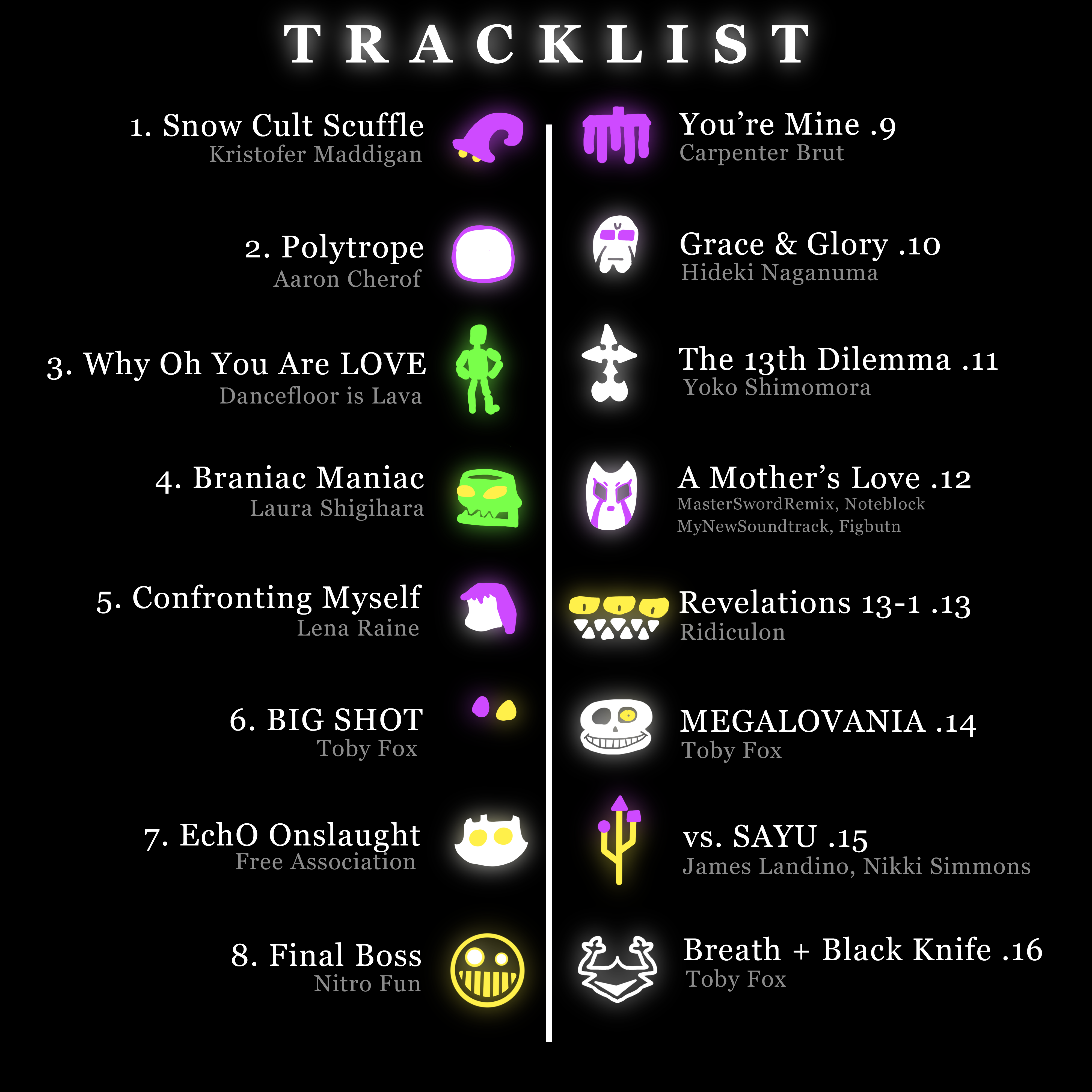 Inside cover for the CD, displaying the tracklist. Each track has a small doodle of the respective boss fight.