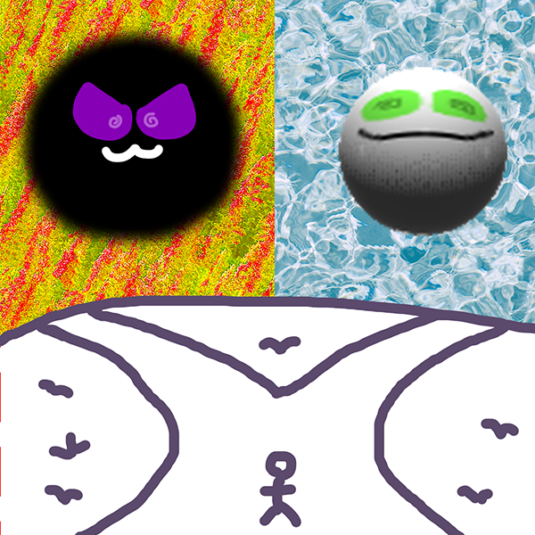 The front insert, a crude drawing depicting a figure standing at a crossroads. One path leads to a placid looking orb in water, the other path leads to a sinisterly smirking orb in shadow, surrounded by firey trees.