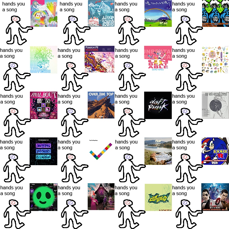 The cover for this mix, showing many small poorly drawn humanoids offering up the album arts of the various songs featured in the album. Each has the text 'hands you a song' next to it.