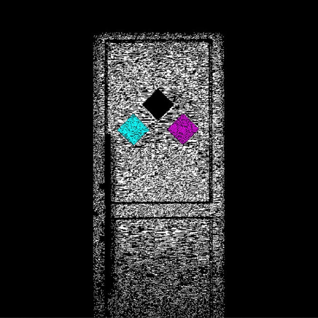 Image of a grey door with a staticy texture, surrounded by darkness. It has a sigil on it consisting of a light blue sqare, a black square, and a magenta square.