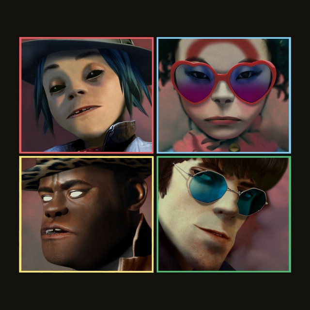Album art for Gorillaz's album 'Humanz' divided into four parts, each with a headshot of one of the cartoonish band members