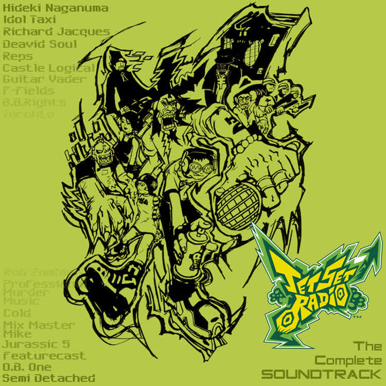 Key art for Jet Set Radio, featuring the game's punk skaters drawn in bold monochromatic lines
