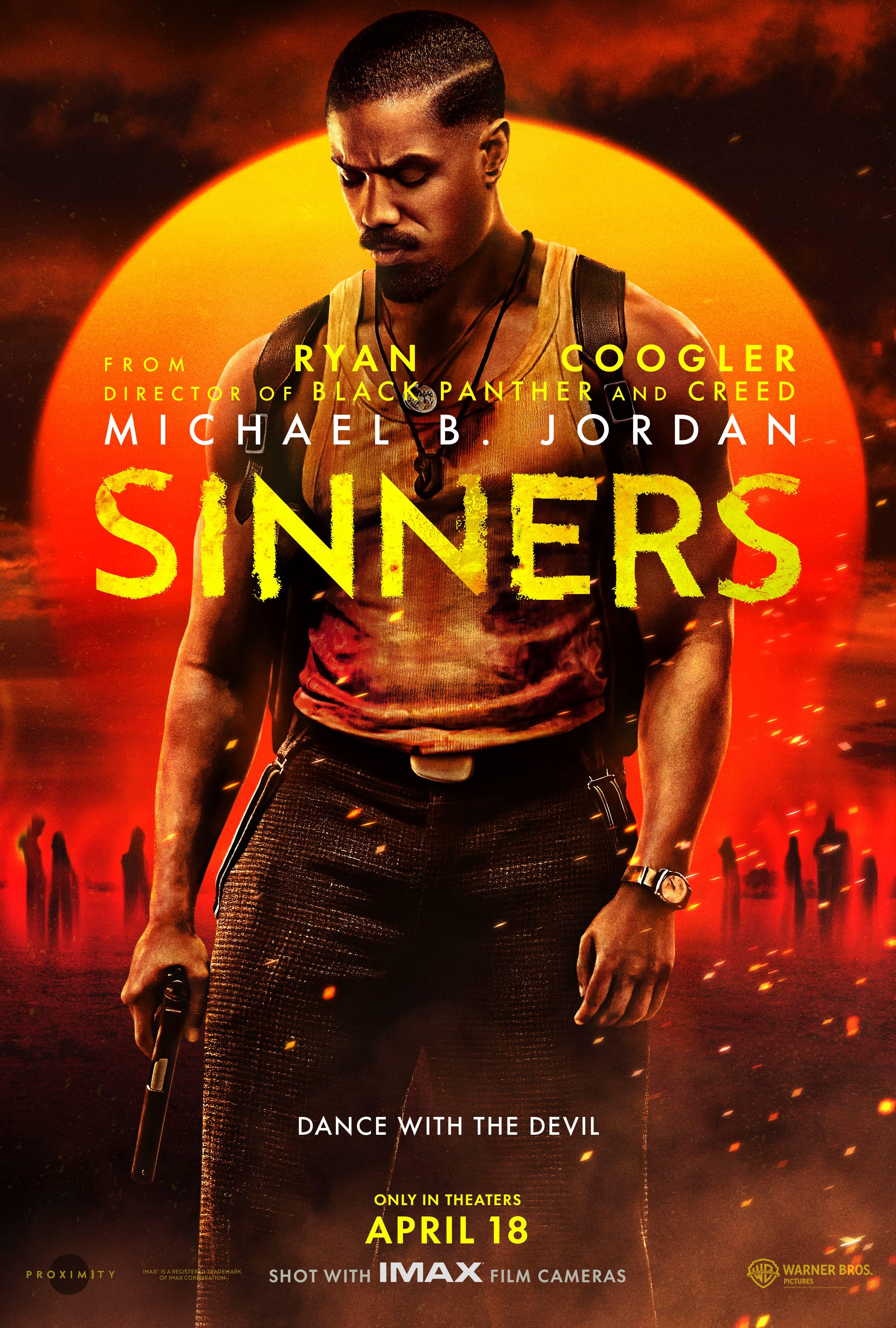 Poster for the 2025 film Sinners, featuring actor Micheal B Jordan in worn clothing in front of an orange sun