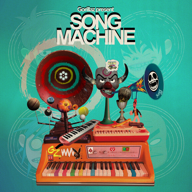 Cover art for Gorillaz's album 'Song Machine'. It features a strange illustration of a machine made of many disperate parts, including a megaphone and piano keyboard