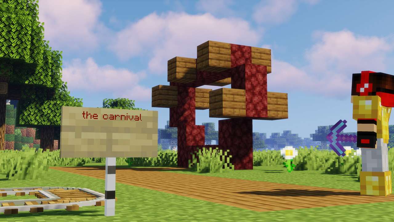 only two photos here, one is a gigantic white stone tower. The other is a small wheel (just over twice player height) with a sign in front that says 'the carnival'. The artist is included in the photo of this masterpiece.