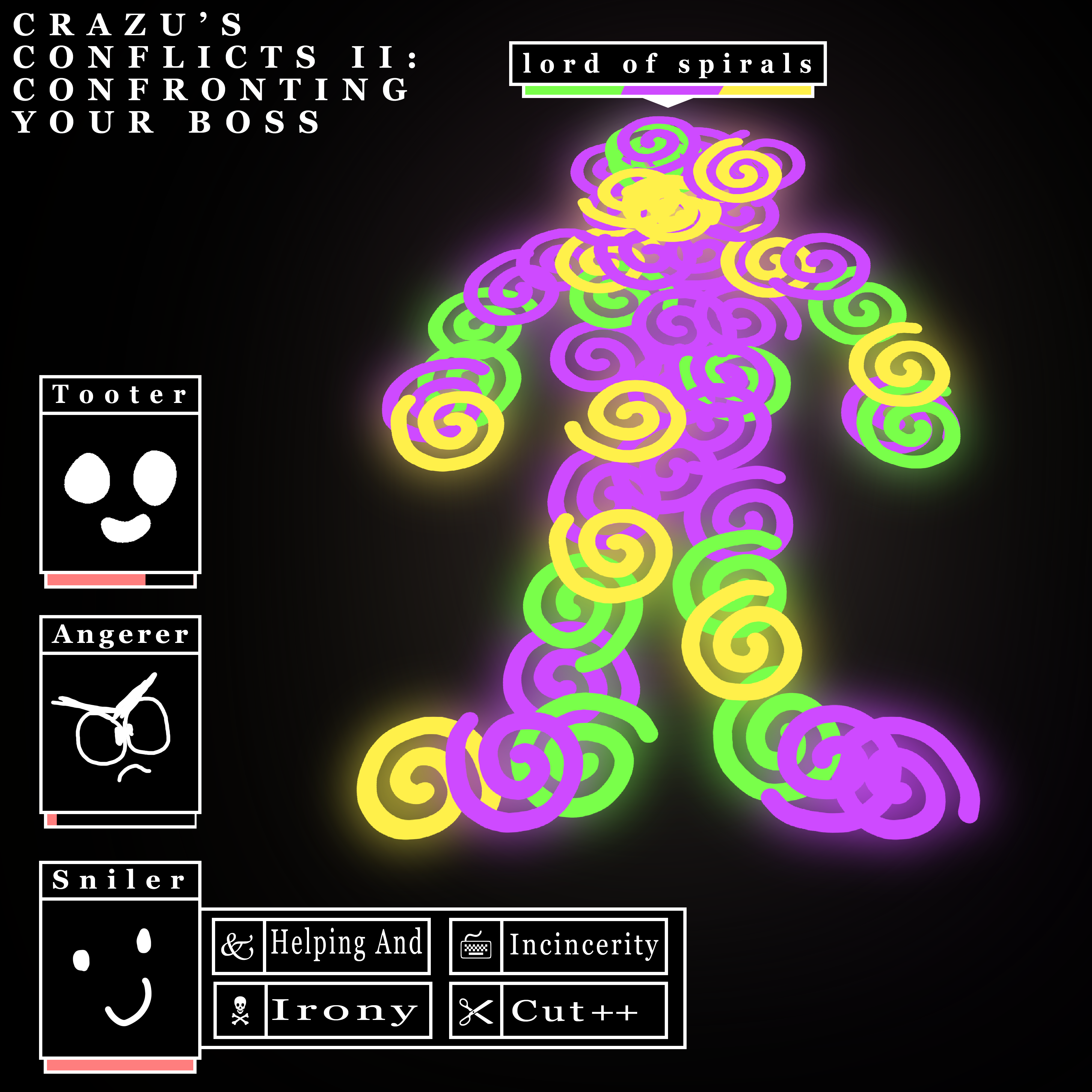 Front cover for the CD, showing a large being made of purple, yellow and green spirals with a title labelled 'lord of spirals'. To the side are three crudely drawn faces, labelled 'Tooter, Angerer, and Sniler'. Each has a small red bar underneath it, to emulate a health bar in an RPG.