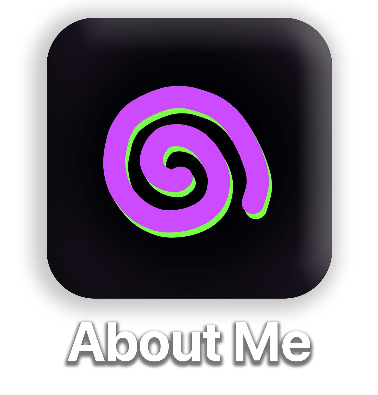 An application icon of a purple and green spiral. Text below it reads 'About Me'
