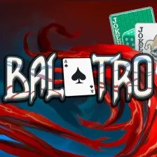 Logo for Balatro, with white text on a swirly red and blue background. The A in Balatro is replaced with an ace of spaces.