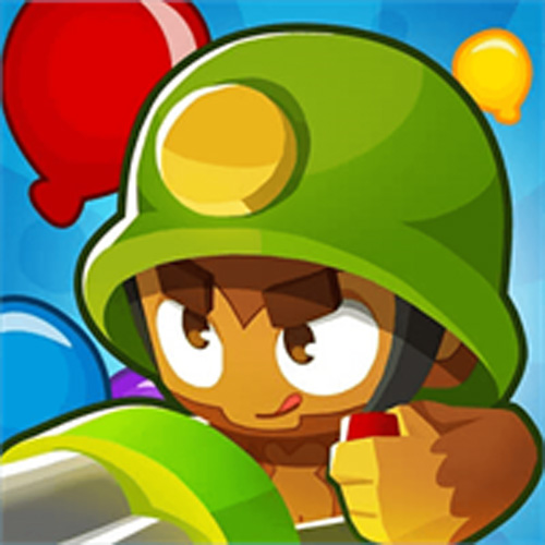Cover for Bloons TD6, featuring a cartoon monkey in a soldier's helmet, holding a gatling gun