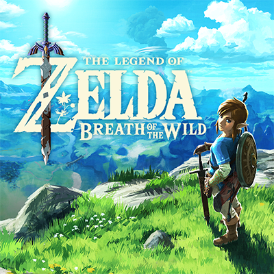 Game icon for The Legend of Zelda: Breath of the Wild, featuring the main hero link standing on a grassy cliff overlooking a vasy green landscape