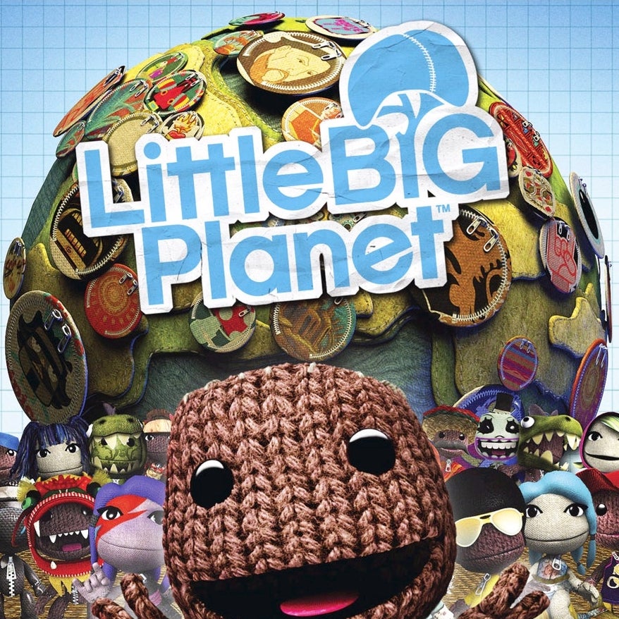 Game icon for LittleBigPlanet, showing it's felt doll protagonist smiling happily in front of a handcrafted replica earth