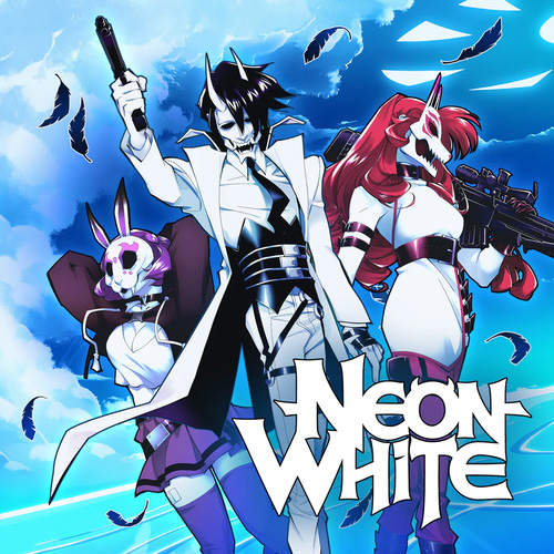Game icon for Neon White, showing it's three white-outfitted masked protaginists posing in an endless blue ocean.