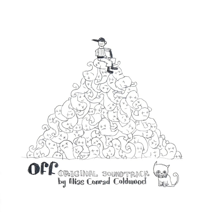 cover art for OFF, featuring it's baseball-clothed protagonist sitting on a conquered pile of ghosts. the image is in black and white sketch.