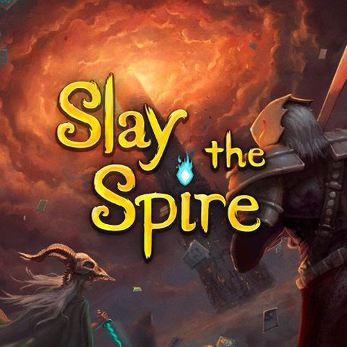 Game Cover for Slay the Spire, showing the titular large tower reaching into a swirling red storm