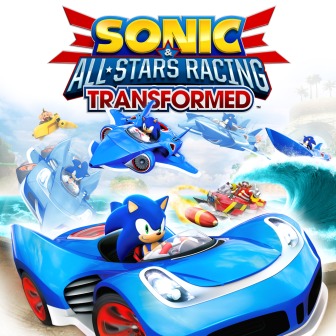 Game cover for Sonic and All Stars Racing Transformed, showing Sonic in a blue boat, transforming into a plane, which transforms into a car.