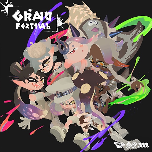 logo for Splatoon 3's Grand Festival, featuring characters Callie, Marie, Pearl, Shiver, Frye, and Big Man in generic poses.