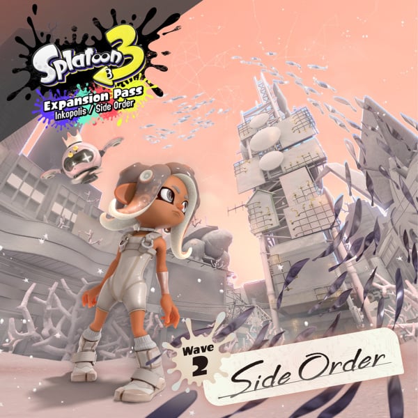 logo for Splatoon 3's side order DLC, featuring an inkling character with pale tentacle hair wearing a pale bodysuit in a pale abstract landscape.
