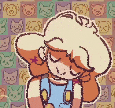 Small animation of a blonde girl in cute overalls, rhythmically bobbing her head from side to side.