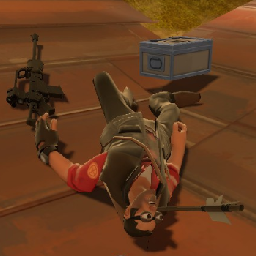 Screenshot from Team Fortress 2, showing a man lying dead on the floor, an arrow sticking out of his head. His eyes are comedically large.