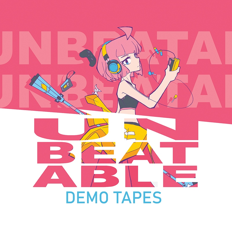 Logo for the game UNBEATABLE, featuring a girl with pink hair & headphones holding a microphone stand.