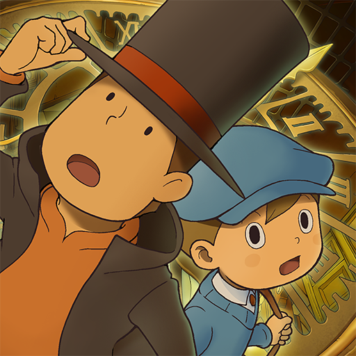 Professor Layton (a cartoon gentleman in a brown top hat) and the younger Luke Triton (a smaller boy in a blue cap and vest) in a cartoon style.